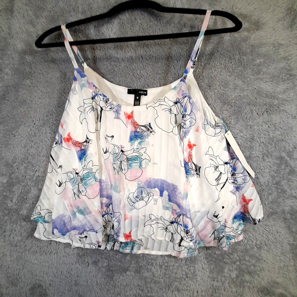 AQUA Womens Camisole Large Floral Print Top White Blue Flaring Sweetheart Neck